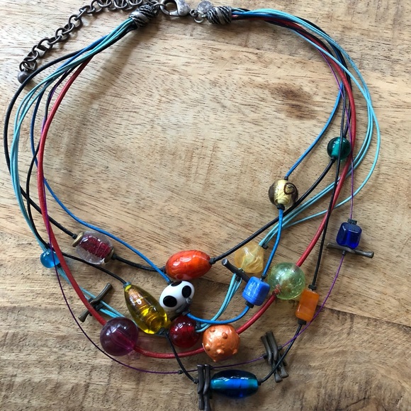 Multicolored beads and multicolored cords on this fun necklace, 17” long - Picture 5 of 9